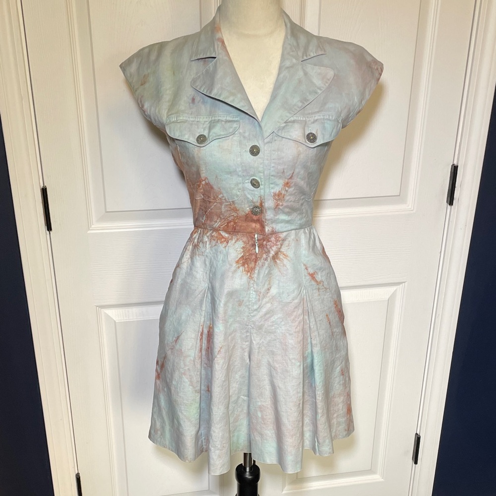 Vintage Liz Claiborne Light Blue Tie Dye Sleeveless Collared Linen Romper Sz 2P